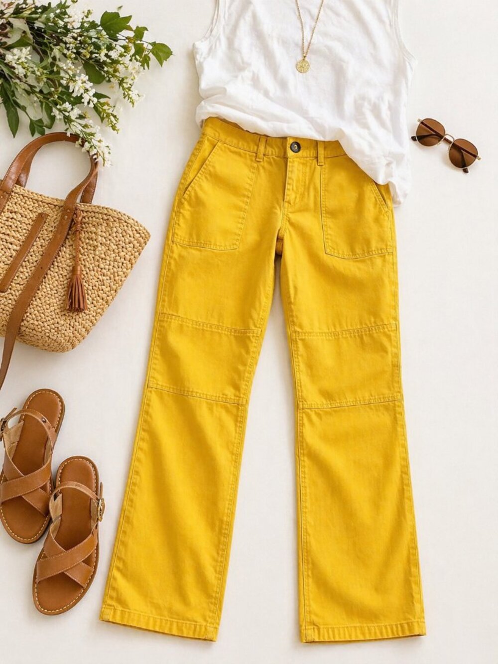 Cabi Yellow Utility Pants Straight Leg Size 8 Spring Casual